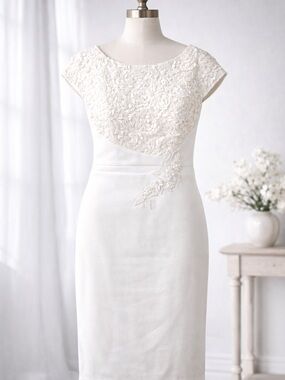 VfEmage Ivory Embroidered Cap-Sleeve Sheath Wedding Dress